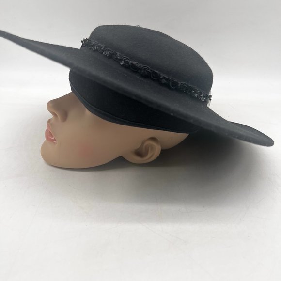 Vintage Hollywood Black Wool Felt Spoon Hat Short Veil Band Bow One Size